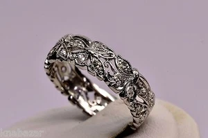 Platinum Ring w Diamond Vintage Eternity Leaf Wedding Band Size 8 - Picture 1 of 10