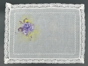 French Country Hand Painted Purple Floral Spray Lace Edge White Cotton Doily - Picture 1 of 10