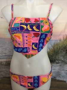 NWT Cupshe Two Piece Swimsuit Size Medium Pink Purple Orange Blue Floral Fruit - Picture 1 of 4