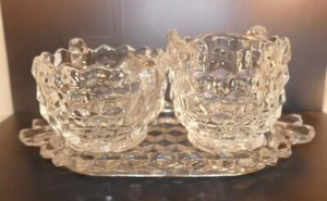 Vintage Fostoria American Crystal Cubist Creamer & Open Zuccheriera con Vassoio Set - Foto 1 di 12