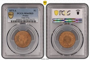 France FDC: full RED GEM BU 5 centimes Cérès 1873 A PCGS MS65RD - Picture 1 of 1