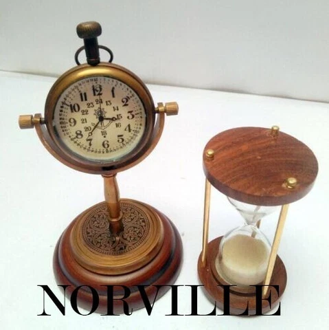 6" Vintage Theme Table Clock Wooden Base with Sand Timer Nautical Antique Gift Cover