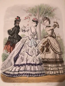 ANTIQUE HAND COLOURED FASHION PRINT from Le Monde Élegant July 1871 (Plate 4) - Picture 1 of 3