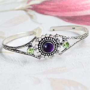 Amethyst & Peridot Cut Gemstone Bangle 925 Sterling Silver Modern Style Bracelet - Picture 1 of 7