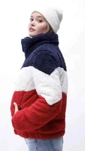 NWT $129 WOMEN’S TOMMY HILFIGER SPORT SHERPA ZIPPER JACKET COAT RED/WHITE/BLUE S - Picture 1 of 11