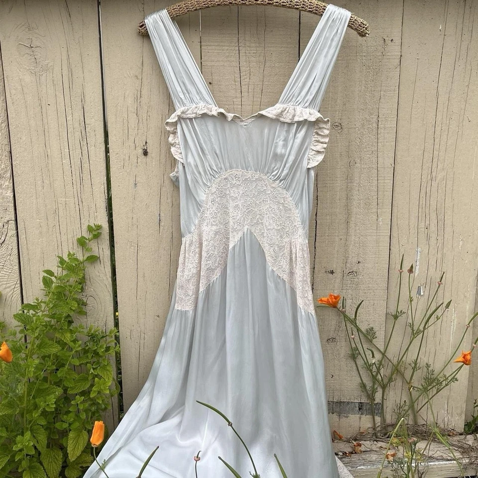 Antique 1930s Satin & Lace Slip Dress Nightgown – Baby Blue, Bias Cut, Size 38 - Image 1 of 4