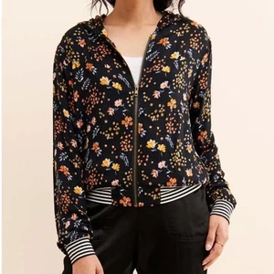 saltwater Luxe Black Floral Striped Full Zip Bomber Hoodie Women Sz XS - Picture 1 of 6
