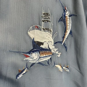 Hook & Tackle Mens L Dual Embroidered Gray Button Up Pocket Short Sleeve Fishing - Picture 1 of 9