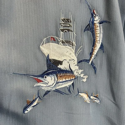 Hook & Tackle Mens L Dual Embroidered Gray Button Up Pocket Short Sleeve Fishing - Image 1 of 4