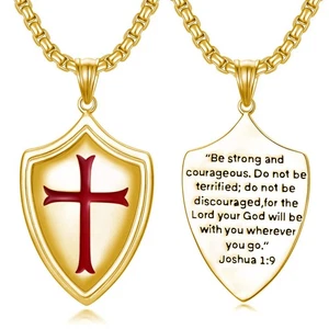 Sterling Silver Knights Templar Cross Joshua 1:9 Shield Pendant Necklace - Picture 1 of 7