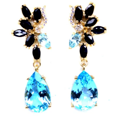 925 Silver 10 x 15 MM. Sky Blue Topaz, Sapphire & Zircon Black Friday Earrings - Image 1 of 4