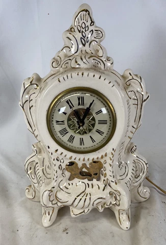 Vintage Victorian Electric Clock Chalkware Lanshire Mantle Clock White/Gold Cover