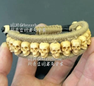 Vecchio bracciale corna di cervo corno di cervo testa di teschio intagliato perline scheletro catena a mano - Foto 1 di 5