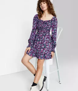 Women's Floral Print Long Sleeve Smocked Mini Dress - Wild Fable Purple Size XS - Picture 1 of 2