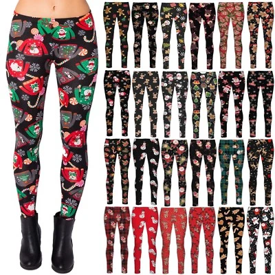 New Womens Christmas Xmas Santa Snowman Printed Stretchy Leggings Trouser Pants - Image 1 of 4