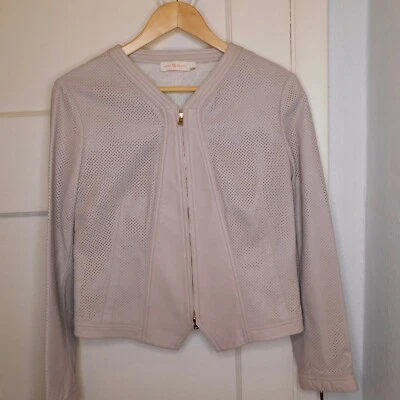 Chaqueta de cuero perforado Nicki beige con cremallera Tory Burch para mujer talla 6 Foto 1 de 4