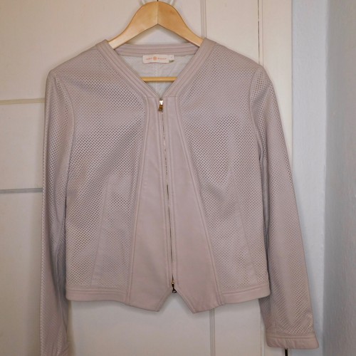 Giacca da donna Tory Burch taglia 6 Nicki in pelle traforata beige con cerniera