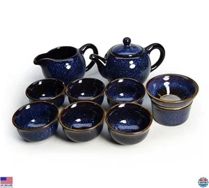 9-teiliges Ozeanblau Ofenglasur Keramik Teeservice Geschenkbox - Teekanne, Tassen, Sieb - Bild 1 von 7