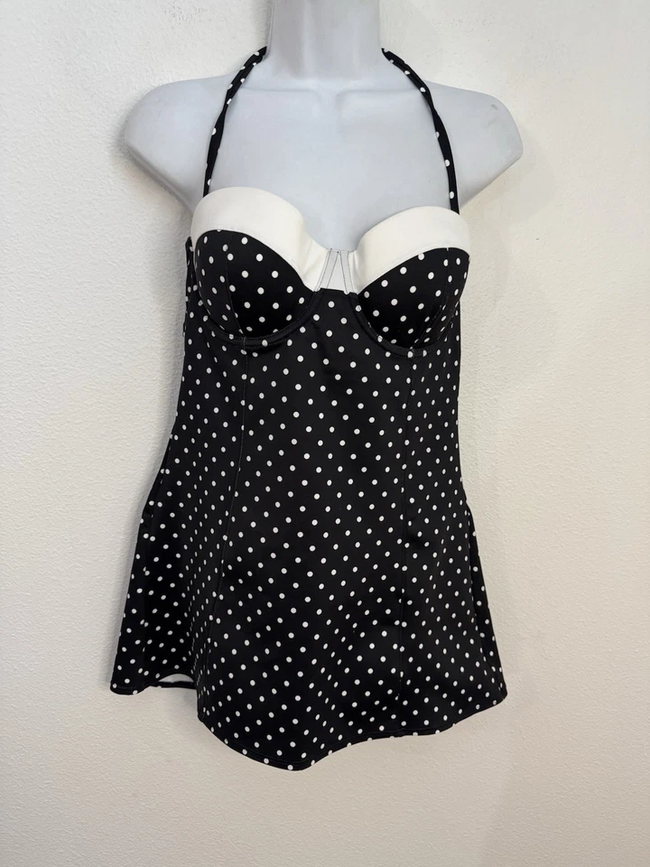 SPANX Black White Polka Dot Retro Dresskini Tankini Top Underwire Size 10 Pin Up - Image 1 of 4