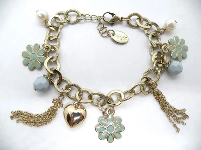 Brazalete Raro Chico's Firmado Flor Verde Esmalte Borla Corazón Dijes Tono Dorado Foto 1 de 4