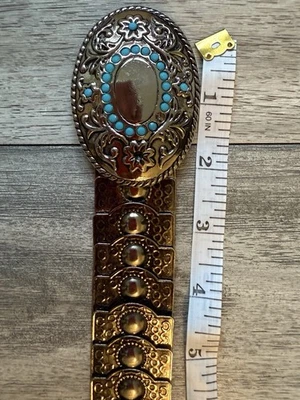 Cinturón elástico vintage Western Boho dorado concho 28” hebilla ovalada acento turquesa Foto 1 de 4