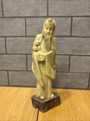 "Antigua figura china de piedra de jabón tallada de Shou Shouxing Wiseman 6"" con niño" Foto 1 de 4