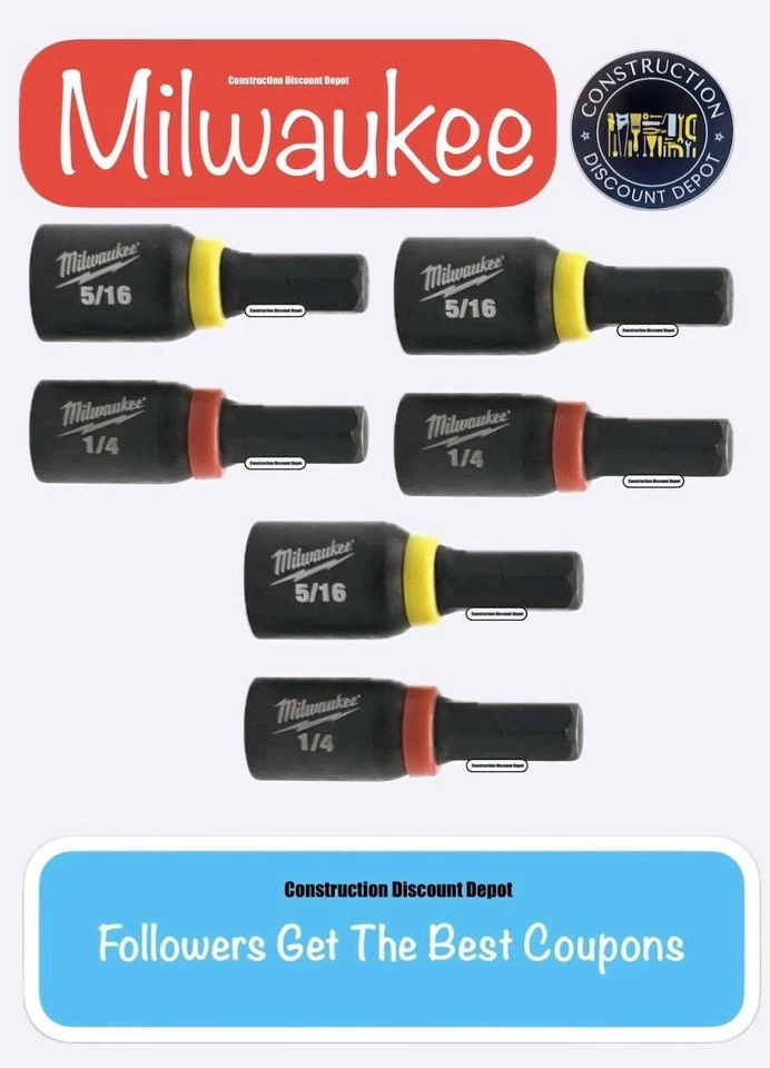 Paquete de 6 destornilladores de tuercas magnéticas con inserción de impacto Milwaukee SHOCKWAVE 1/4" 5/16" Foto 1 de 1