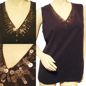 Vintage Y2K 90s Dana Buchman Brown Gold Sequin Tank Top L Casual Chic Grannycore - Picture 1 of 7