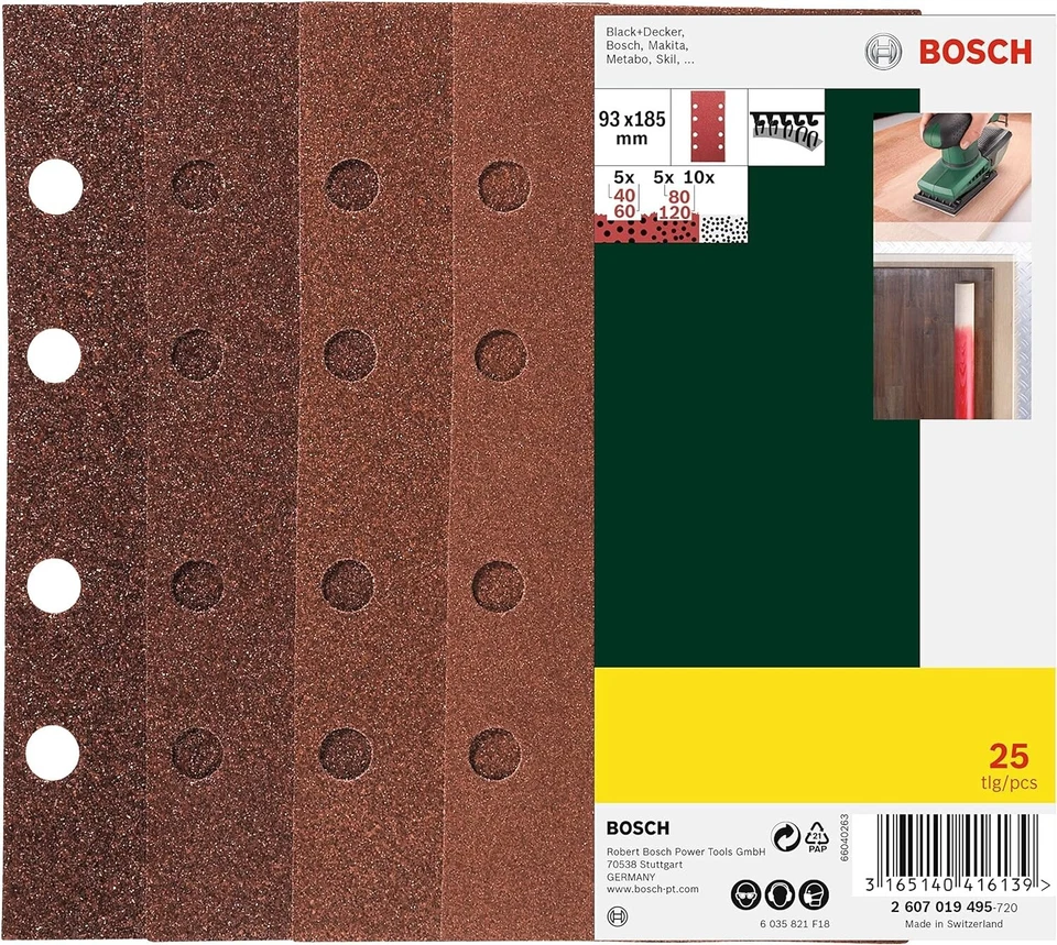 Bosch 25 Sanding Pads 93x185 8 Holes Grit 40-120