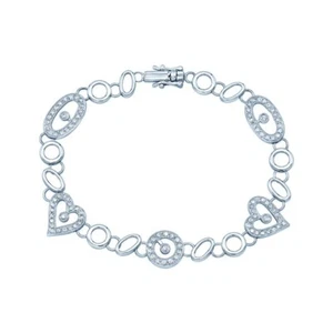 Diamond Heart Oval Link Bracelet 14K White Gold Millgrain 1.00CT Round Natural - Picture 1 of 3
