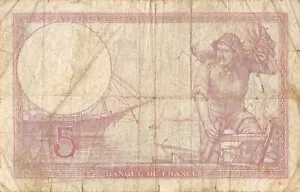 France 5 Francs 20.7.1939 Series Q Circulated Banknote Me#C - Picture 1 of 2