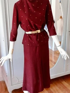 1930 Rare Burgundy Red Knit 2pc. Dress by Marinette Brass Gromet Embellishment - Picture 1 of 12
