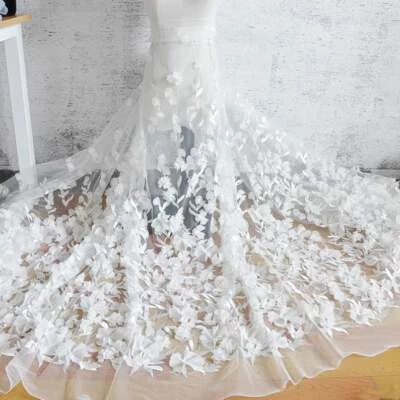 3D Chiffon Floral Embroidered Lace Ivory Mesh Fabric DIY Wedding Dress By Yard - Image 1 of 4