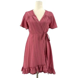NWT Francesca's Alya Rayon Linen Pink Striped V-Neck Short Wrap Dress Womens S - Picture 1 of 9