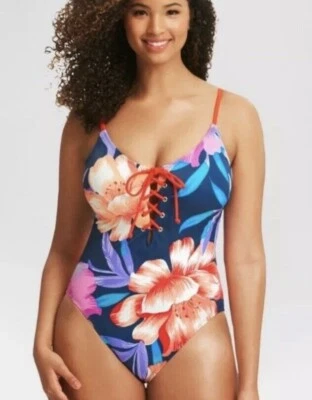 NWT Beach Betty Miracle Brands One Piece Lace Up Blue Coral Floral Swimsuit S - Image 1 of 4