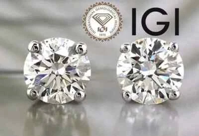 6 Ct Round Lab Grown G SI2 Diamond Earrings 14K White Gold IGI Certified - Image 1 of 4