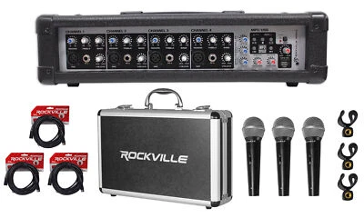 Rockville RPM45 1800 Watt Powered 4 Channel Mixer/Amplifier+(3) Mics+Case+Cables - Image 1 of 4