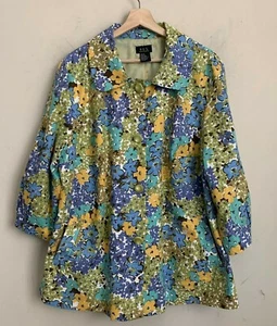 RQT Woman Jacket Floral Olive Green Multi Buttons 3/4 Sleeve Lined Size 2X - Picture 1 of 7