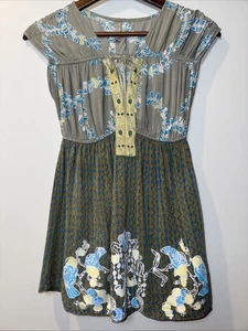 FREE PEOPLE Viskose grau Top Gr. XS VÖGEL STEMPEL BAND BINDEBAND bestickt - Bild 1 von 10