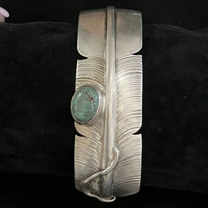 Brazalete Brazalete Pluma Vintage Bennie Ration Navajo Turquesa Plata Esterlina - Imagen 1 de 11