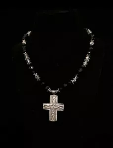 18" Solid Sterling Silver "SURRESI" Faceted Onyx & Aurora Borealis Bead Necklace - Picture 1 of 7