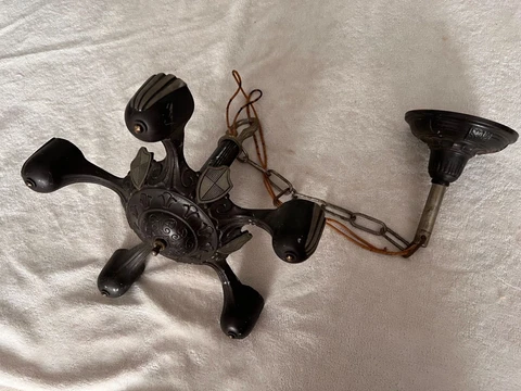 Vintage '30s-'40s Bronze Chandelier 5-bulb Hanging Pendant with Ceiling Flange Cover
