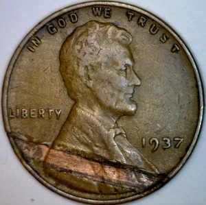 1937 ERROR HUGE LAMINATION Lincoln Wheat Cent Coin w/ Pc. of Planchet Missing NR - Picture 1 of 5
