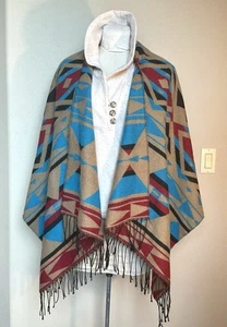 Native American Aztec Print Poncho Womens Acrylic Fringe Boho Open Front OS - Picture 1 of 6