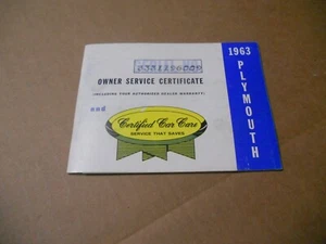 Original 1963 Plymouth Owner Service Certificate and Certified Car Care Book - Imagen 1 de 7