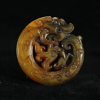 Collectable Chinese Old Jade Hand-carved Dragon Phoenix Statue Necklace Pendant • 4.25$