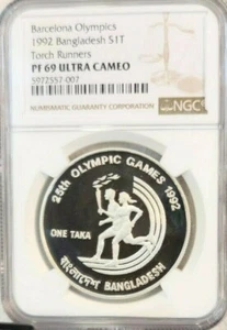 1992 BANGLADESH SILVER 1 TAKA TORCH RUNNERS NGC PF 69 ULTRA CAMEO SCARCE COIN - Picture 1 of 4