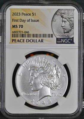 :2023-P PHILADELPHIA PEACE SILVER DOLLAR NGC MS70 FDI:FIRST DAY OF ISSUE TOP POP - Image 1 of 2