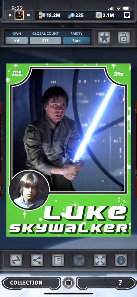 Topps Star Wars Digital Card Trader Green ESB Throwback Luke Skywalker Award - Image 1 of 1