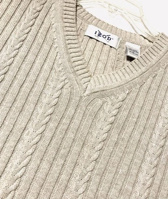 Chaleco Suéter de Golf Izod De Colección Para Hombres L Tejido con Cable Cuello en V Beige Brezo Preppy Foto 1 de 4